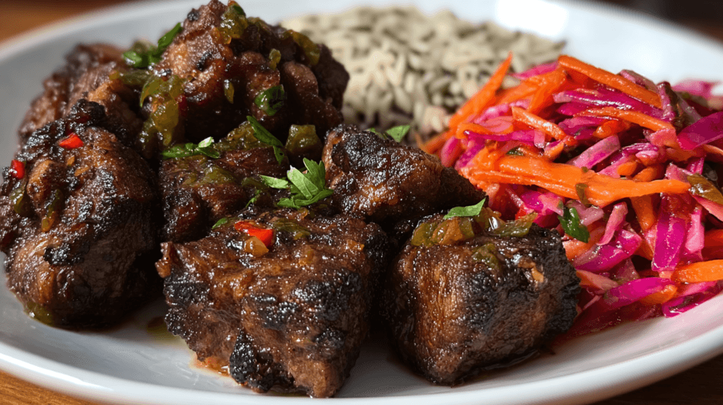 Haitian Griot wPikliz Crispy fried pork shoulder, marinated in citrus and spices, served with fiery pickled vegetables.