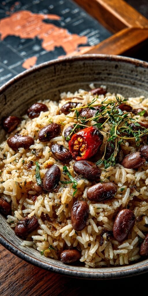 caribbean rice and peas Overhead shot of Caribbean rice & pigeon peas, thyme sprigs, and scotch bonnet garnish.
